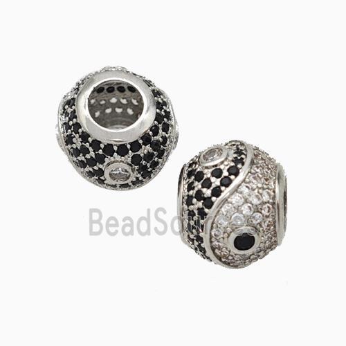 Copper Taichi Beads Micropave Zirconia Large Hole Round Platinum Plated