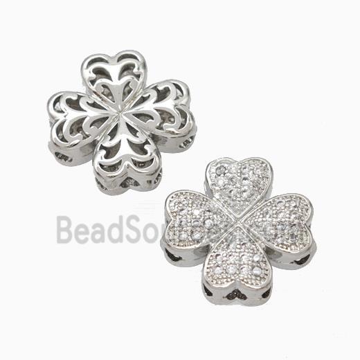 Copper Clover Beads Micropave Zirconia Platinum Plated