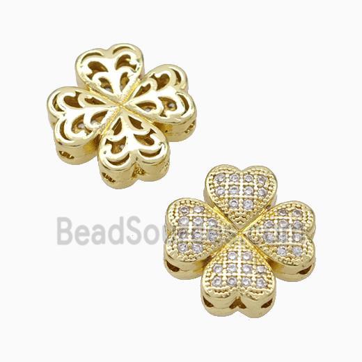 Copper Clover Beads Micropave Zirconia Gold Plated