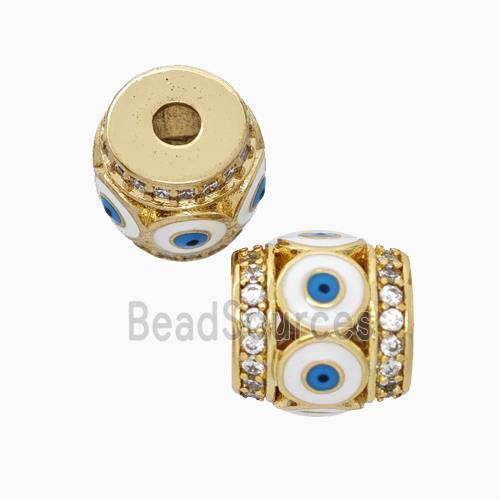 Copper Barrel Beads Pave Zirconia White Enamel Evil Eye Large Hole Gold Plated