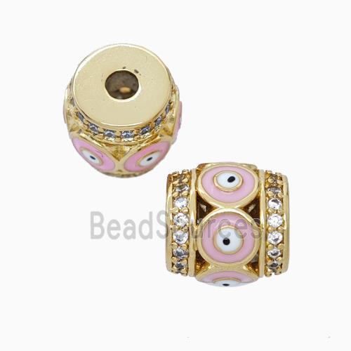 Copper Barrel Beads Pave Zirconia Pink Enamel Evil Eye Large Hole Gold Plated