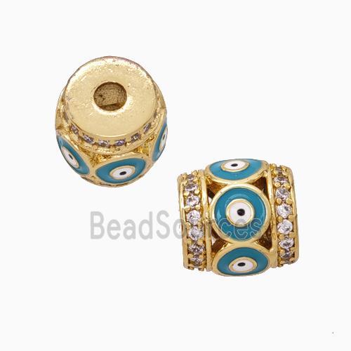 Copper Barrel Beads Pave Zirconia Teal Enamel Evil Eye Large Hole Gold Plated