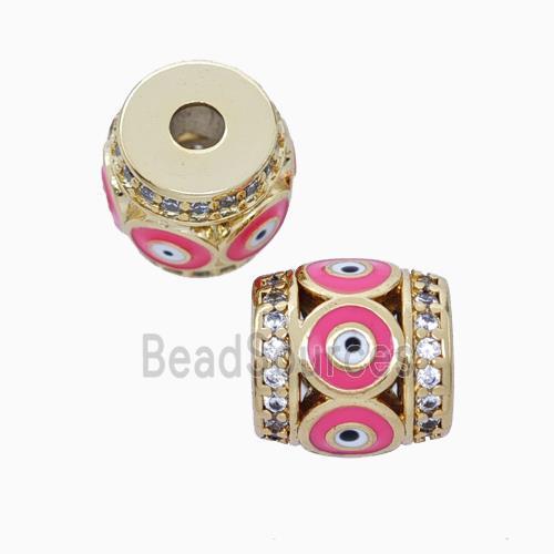 Copper Barrel Beads Pave Zirconia Pink Enamel Evil Eye Large Hole Gold Plated