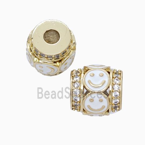 Copper Barrel Beads Pave Zirconia White Enamel Emoji Large Hole Gold Plated