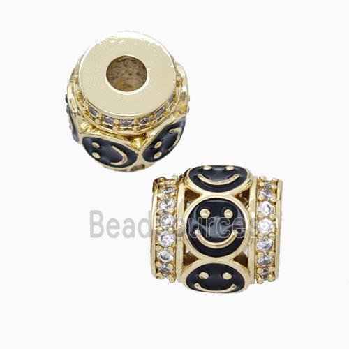 Copper Barrel Beads Pave Zirconia Black Enamel Emoji Large Hole Gold Plated