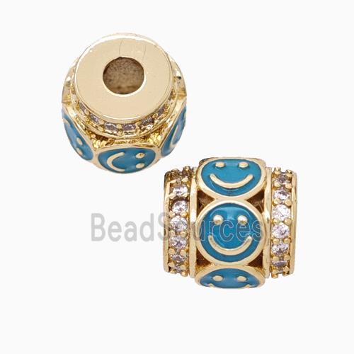 Copper Barrel Beads Pave Zirconia Teal Enamel Emoji Large Hole Gold Plated