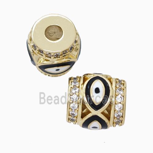 Copper Barrel Beads Pave Zirconia Black Enamel Eye Large Hole Gold Plated