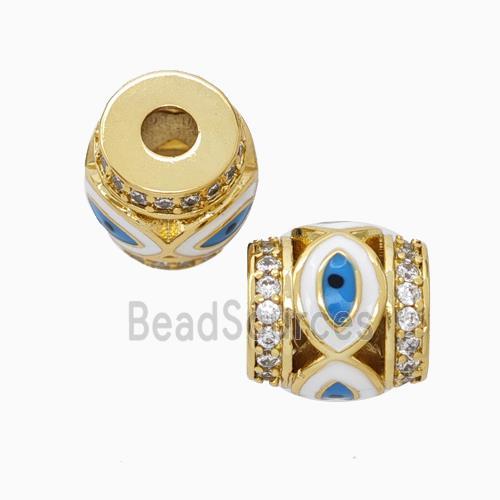 Copper Barrel Beads Pave Zirconia Blue Enamel Eye Large Hole Gold Plated