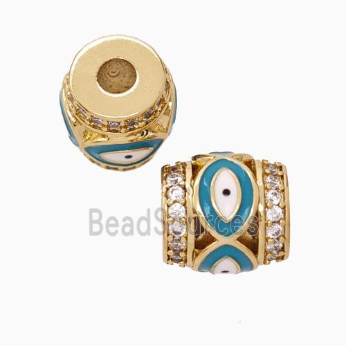 Copper Barrel Beads Pave Zirconia Teal Enamel Eye Large Hole Gold Plated