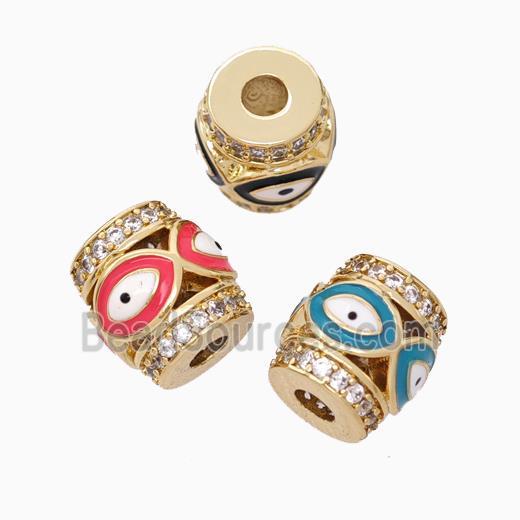 Copper Barrel Beads Pave Zirconia Enamel Eye Large Hole Gold Plated Mixed