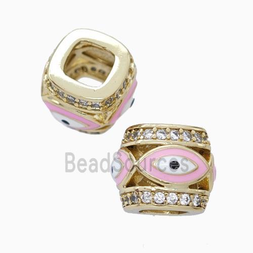 Copper Barrel Beads Pave Zirconia Pink Enamel Eye Large Hole Gold Plated