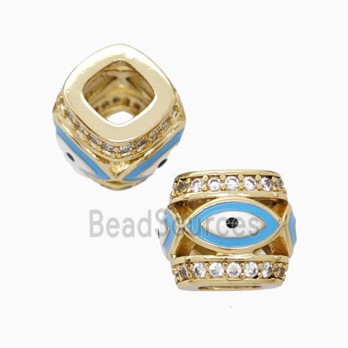 Copper Barrel Beads Pave Zirconia Blue Enamel Eye Large Hole Gold Plated