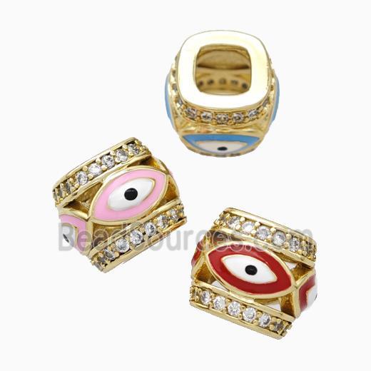 Copper Barrel Beads Pave Zirconia Enamel Eye Large Hole Gold Plated Mixed