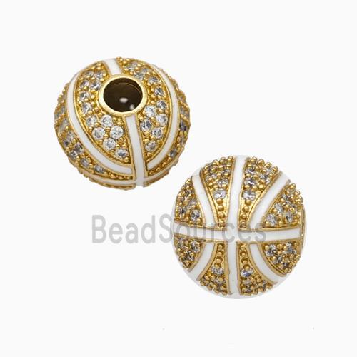 Copper Basketball Beads Pave Zirconia White Enamel Round Sport Gold Plated