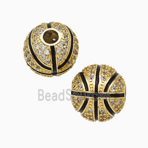 Copper Basketball Beads Pave Zirconia Black Enamel Round Sport Gold Plated