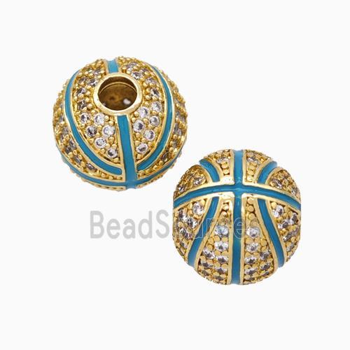 Copper Basketball Beads Pave Zirconia Teal Enamel Round Sport Gold Plated