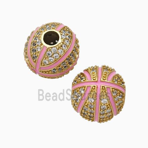 Copper Basketball Beads Pave Zirconia Pink Enamel Round Sport Gold Plated