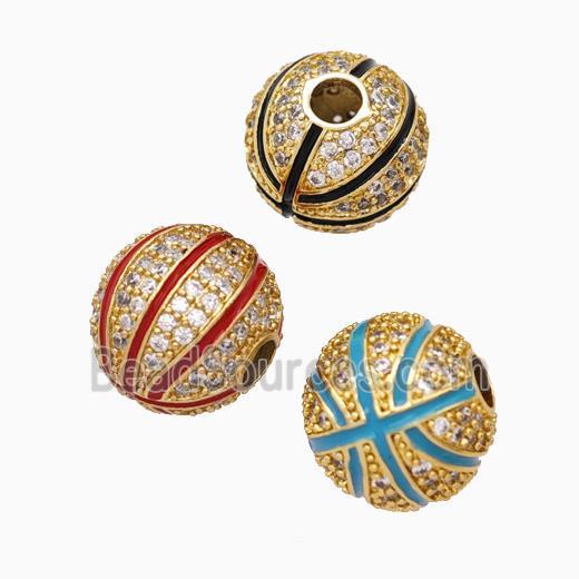 Copper Basketball Beads Pave Zirconia Enamel Round Sport Gold Plated Mixed