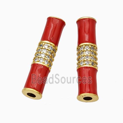 Copper Tube Beads Micropave Zirconia Red Enamel White Enamel Gold Plated