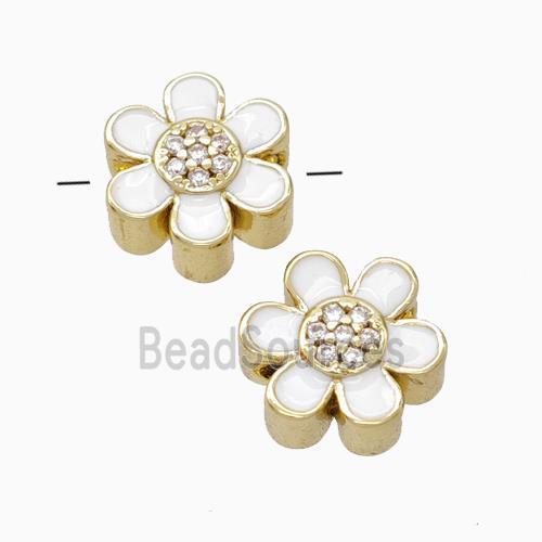 Copper Flower Beads Micropave Zirconia White Enamel Gold Plated