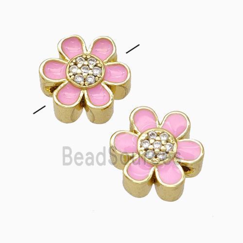 Copper Flower Beads Micropave Zirconia Pink Enamel Gold Plated