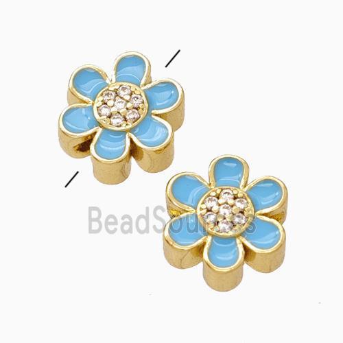 Copper Flower Beads Micropave Zirconia Blue Enamel Gold Plated