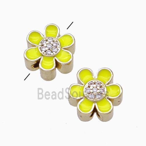 Copper Flower Beads Micropave Zirconia Yellow Enamel Gold Plated