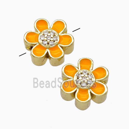 Copper Flower Beads Micropave Zirconia Orange Enamel Gold Plated