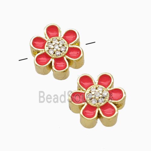 Copper Flower Beads Micropave Zirconia Red Enamel Gold Plated