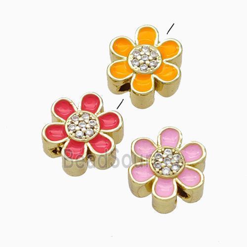 Copper Flower Beads Micropave Zirconia Enamel Gold Plated Mixed