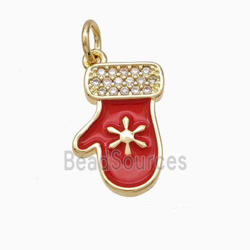 Christmas Mitten Charms Copper Pendant Pave Zirconia Red Enamel Gold Plated