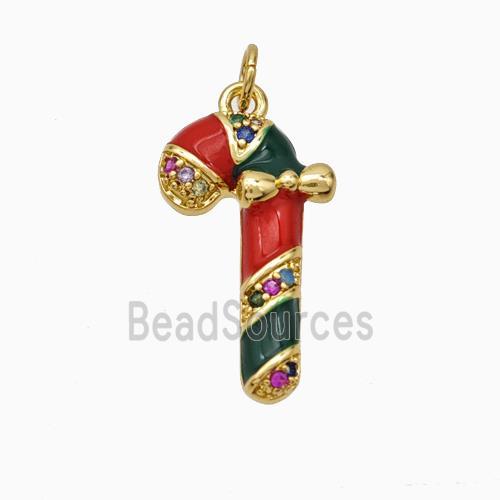 Christmas Candy Cane Charms Copper Pendant Pave Zirconia Red Enamel Gold Plated