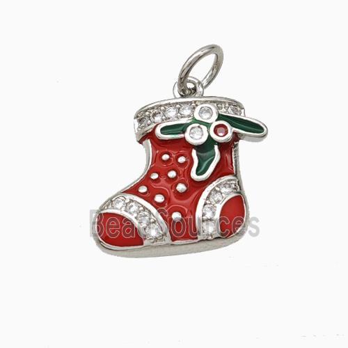 Christmas Stocking Charms Copper Pendant Pave Zirconia Red Enamel Platinum Plated