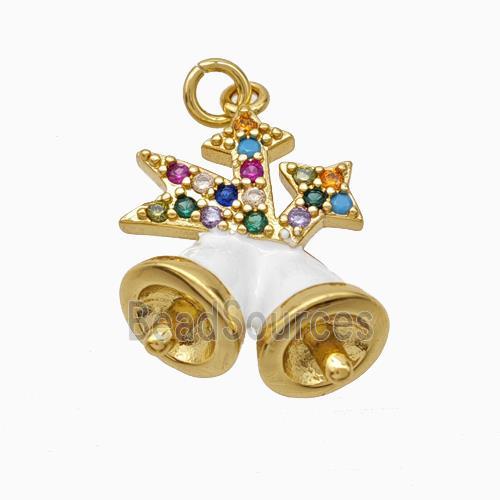 Christmas Bell Charms Copper Pendant Pave Zirconia White Enamel Gold Plated