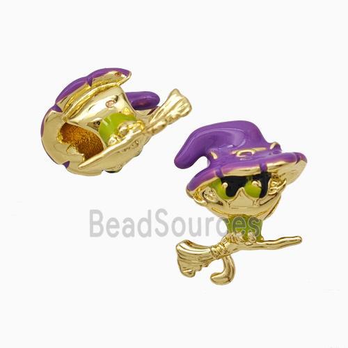 Halloween Witch Charms Copper Beads Broom Purple Enamel Large Hole Gold Plated