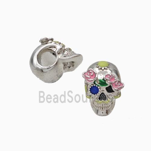 Halloween Skull Charms Copper Beads Pave Zirconia Enamel Large Hole Platinum Plated