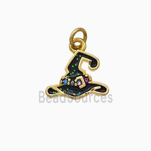 Halloween Hat Charms Copper Pendant Pave Zirconia Black Enamel Gold Plated