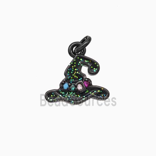 Halloween Hat Charms Copper Pendant Pave Zirconia Black Enamel Black Plated