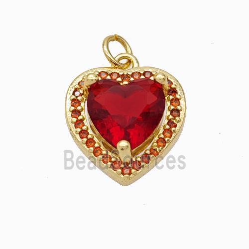 Copper Heart Pendant Micropave Zirconia Red Crystal Glass Gold Plated