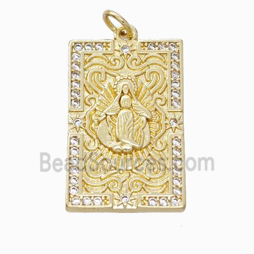 Virgin Mary Charms Copper Pendant Pave Zirconia Rectangle Gold Plated