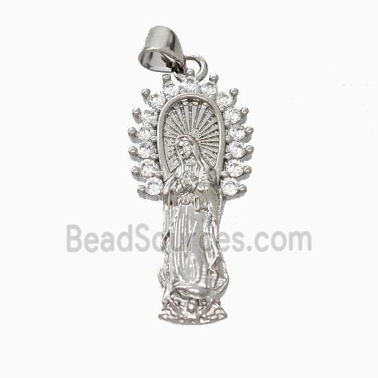 Virgin Mary Charms Copper Pendant Pave Zirconia Platinum Plated