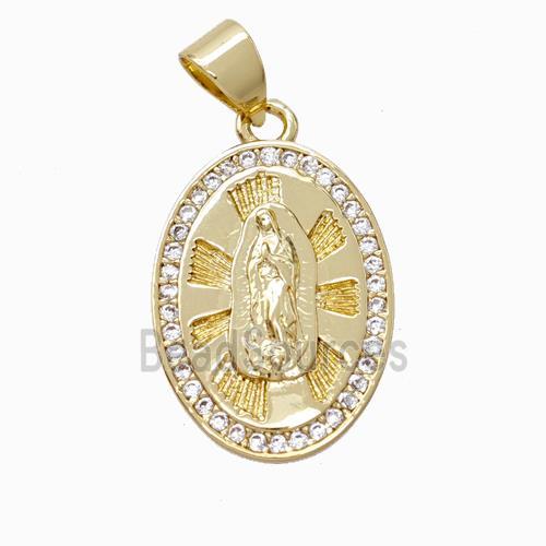 Virgin Mary Charms Copper Oval Pendant Pave Zirconia Gold Plated