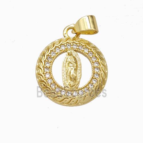 Virgin Mary Charms Copper Pendant Pave Zirconia Circle Gold Plated