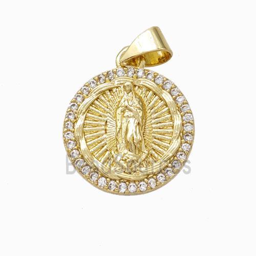 Virgin Mary Charms Copper Pendant Pave Zirconia Circle Gold Plated