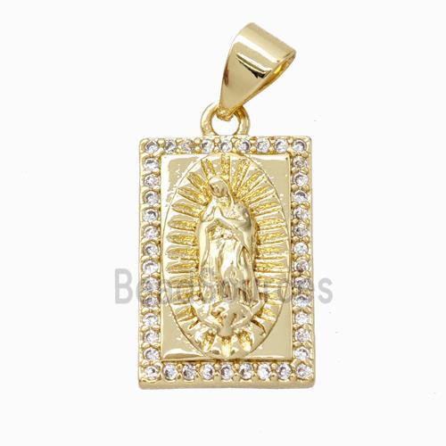 Virgin Mary Charms Copper Rectangle Pendant Pave Zirconia Gold Plated