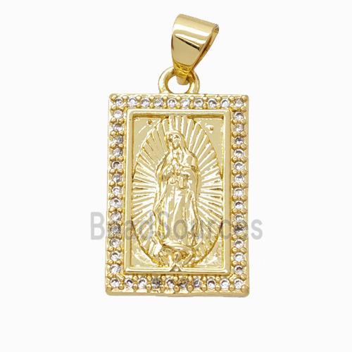 Virgin Mary Charms Copper Rectangle Pendant Pave Zirconia Gold Plated