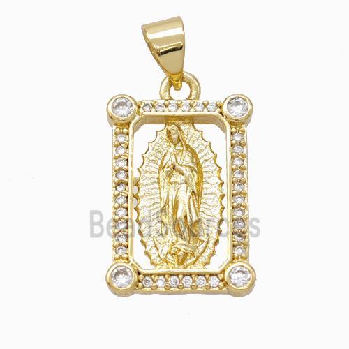 Virgin Mary Charms Copper Rectangle Pendant Pave Zirconia Gold Plated