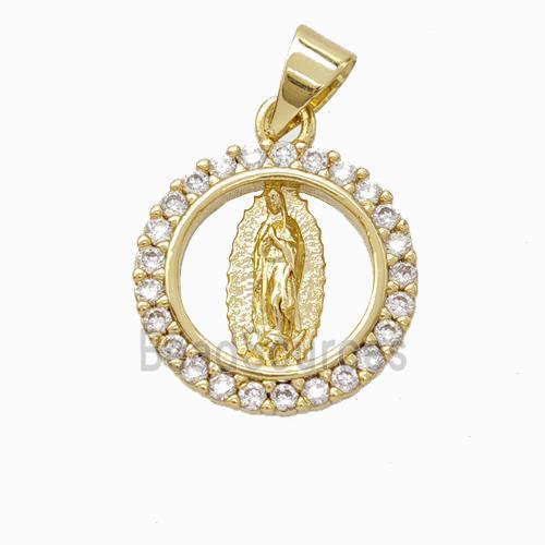 Virgin Mary Charms Copper Circle Pendant Micropave Zirconia Gold Plated