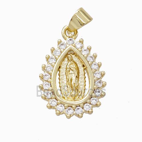 Virgin Mary Charms Copper Teardrop Pendant Micropave Zirconia Gold Plated