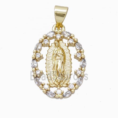 Virgin Mary Charms Copper Oval Pendant Micropave Zirconia Gold Plated